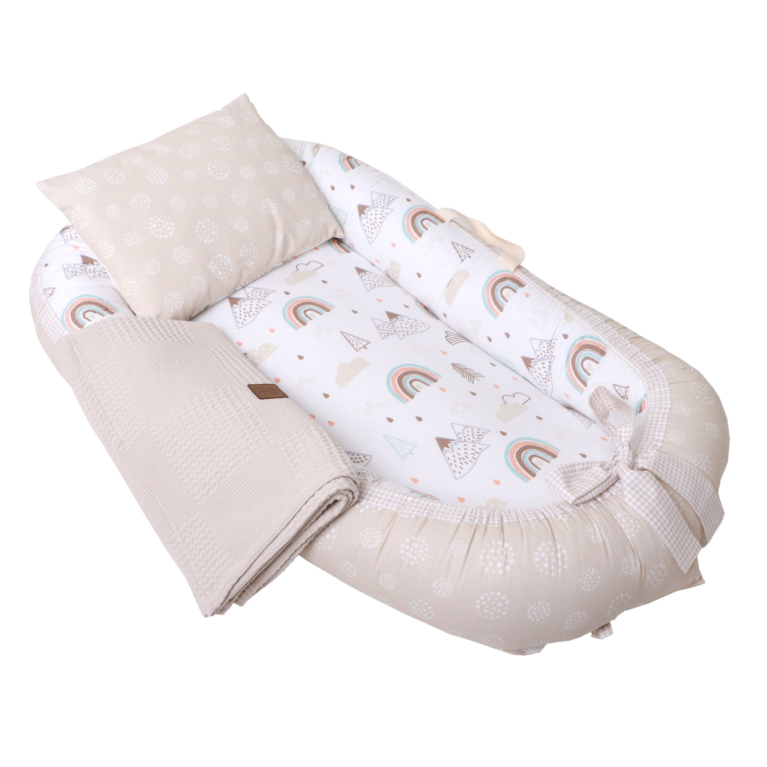 ست 5 تیکه تشک لبه دار و آغوشگیر پیکه رنگین کمان سبزآبی-بژ - تصویر 2