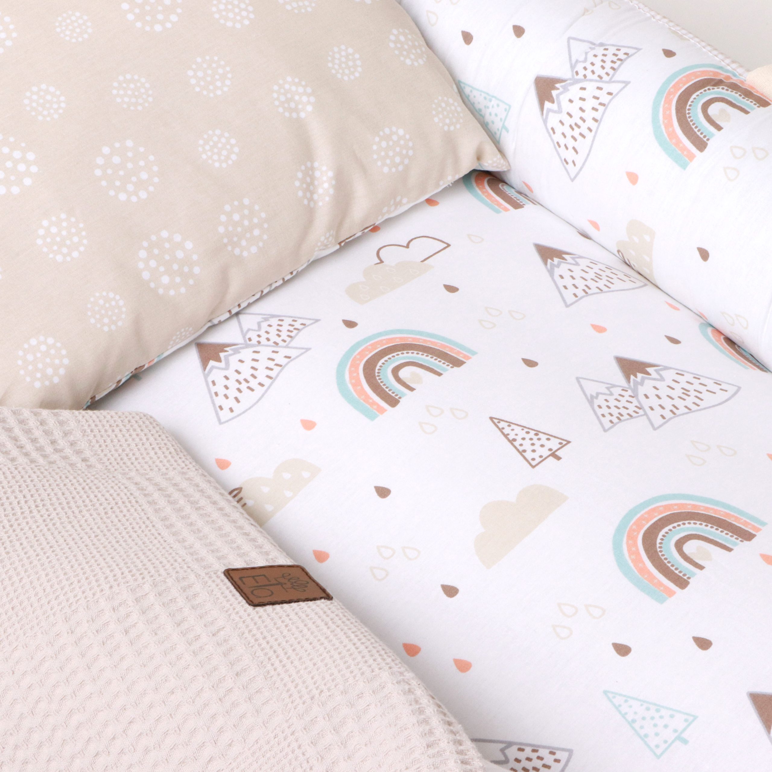 ست 5 تیکه تشک لبه دار و آغوشگیر پیکه رنگین کمان سبزآبی-بژ - تصویر 7