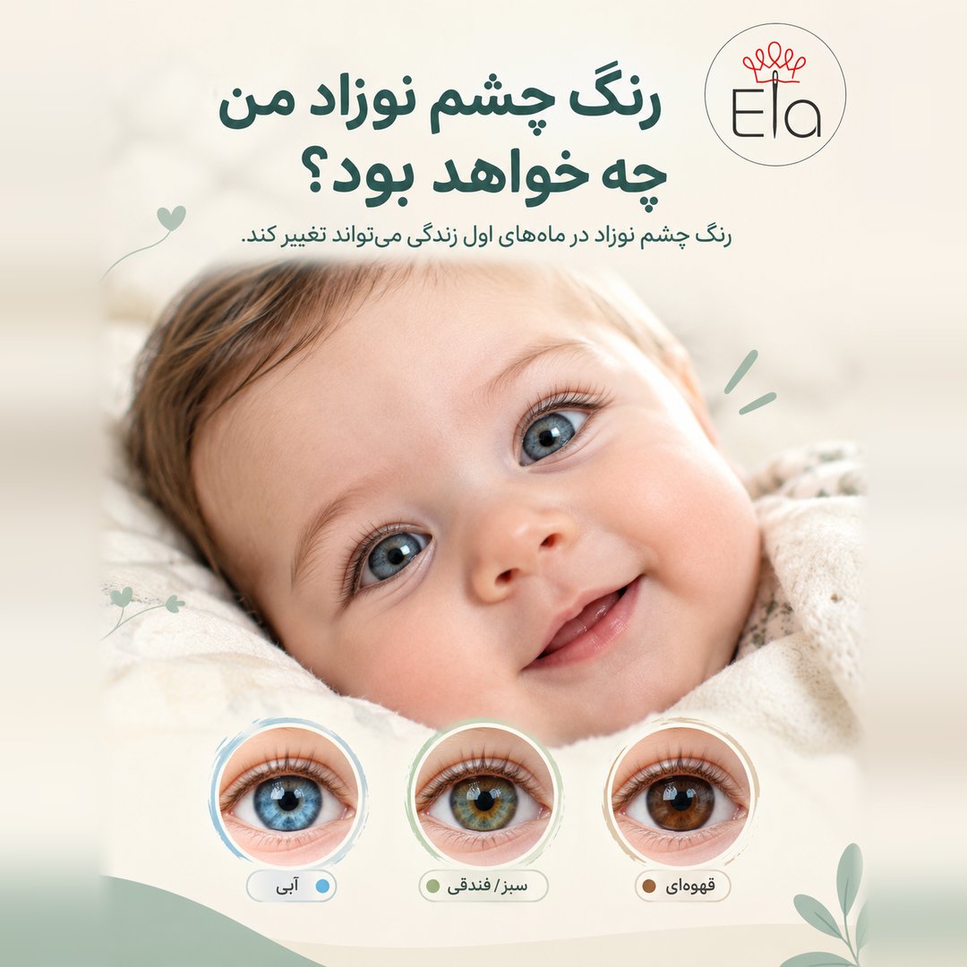 رنگ چشم نوزاد؛ پوستر الا با چهرهٔ کوچولوی چشم‌آبی و سه رنگ آبی، سبز/فندقی و قهوه‌ای